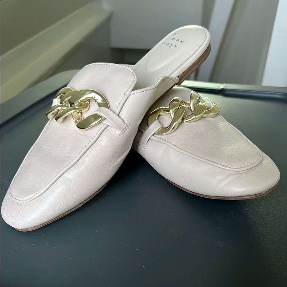 A New Day White and Gold Mules with Chain Detail